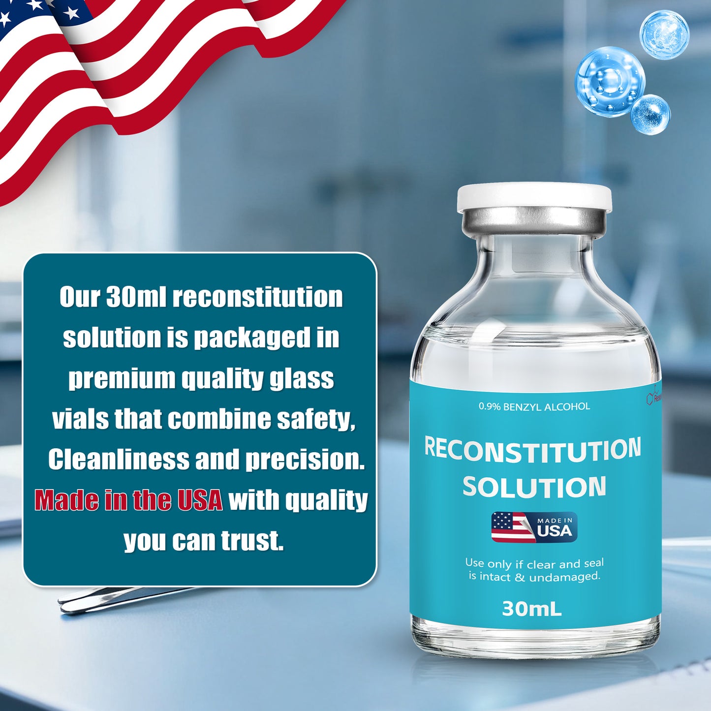 Reconstitution Solution | Bacteriostatic Water - 0.9% Benzyl Alcohol | 1-Pack 30ml Each Vial - Clear Glass | Third-Party Tested