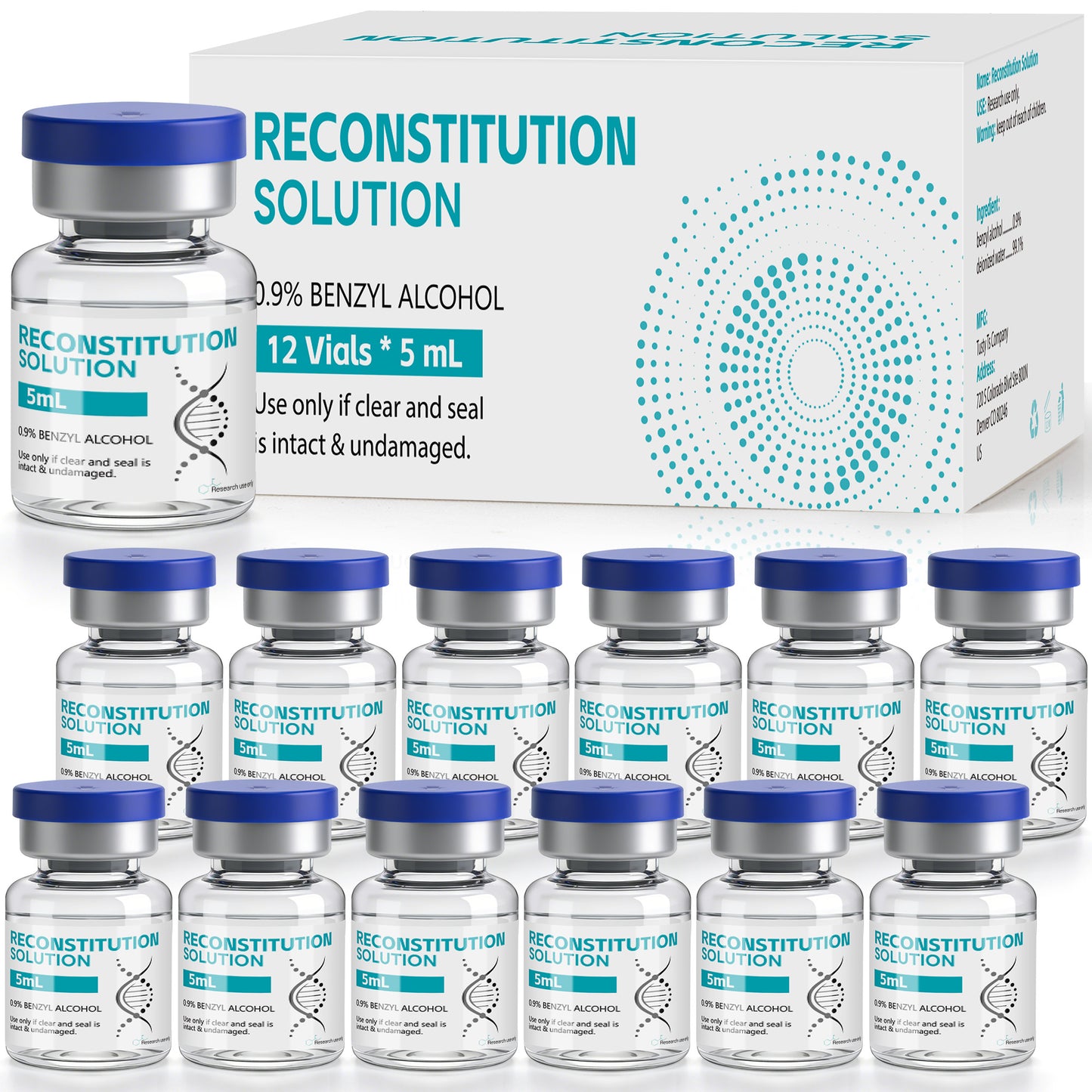 Reconstitution Solution | Bacteriostatic Water - 0.9% Benzyl Alcohol | 12-Pack 5ml Each Vial - Clear Glass | Third-Party Tested