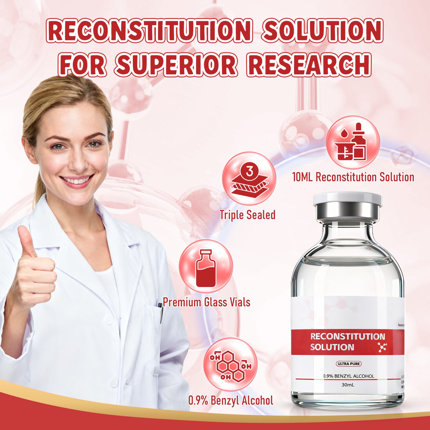 Reconstitution Solution | Bacteriostatic Water - 0.9% Benzyl Alcohol | 30ml Each Vial - Clear Glass | Third-Party Tested