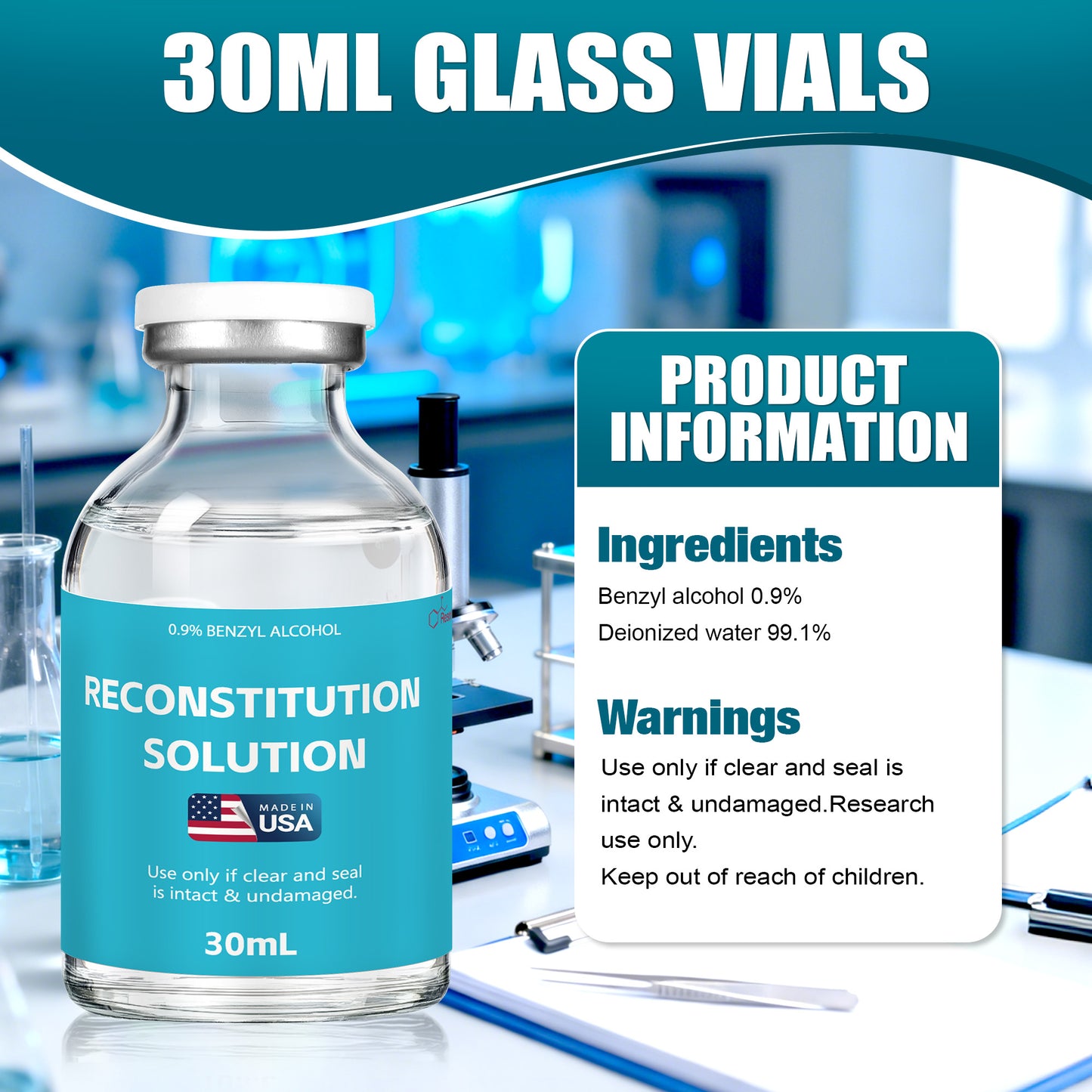 Reconstitution Solution | Bacteriostatic Water - 0.9% Benzyl Alcohol | 1-Pack 30ml Each Vial - Clear Glass | Third-Party Tested
