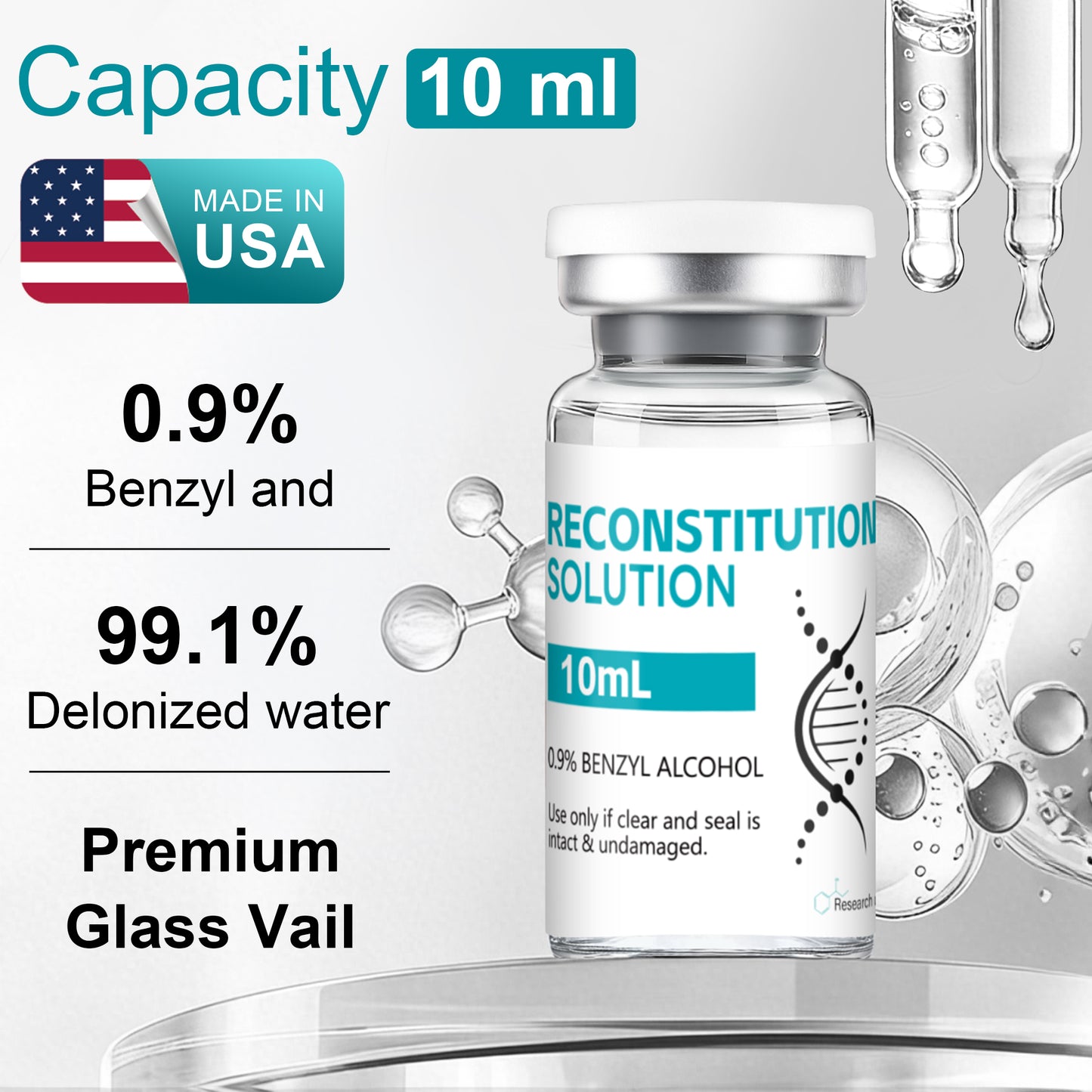 Reconstitution Solution | Bacteriostatic Water - 0.9% Benzyl Alcohol | 10ml Each Vial - Clear Glass | Third-Party Tested