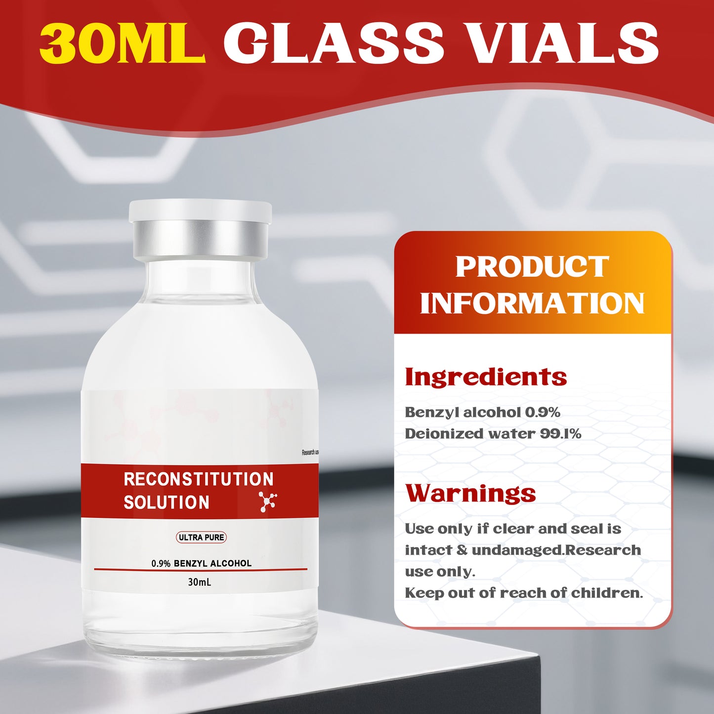 Reconstitution Solution | Bacteriostatic Water - 0.9% Benzyl Alcohol | 30ml Each Vial - Clear Glass | Third-Party Tested