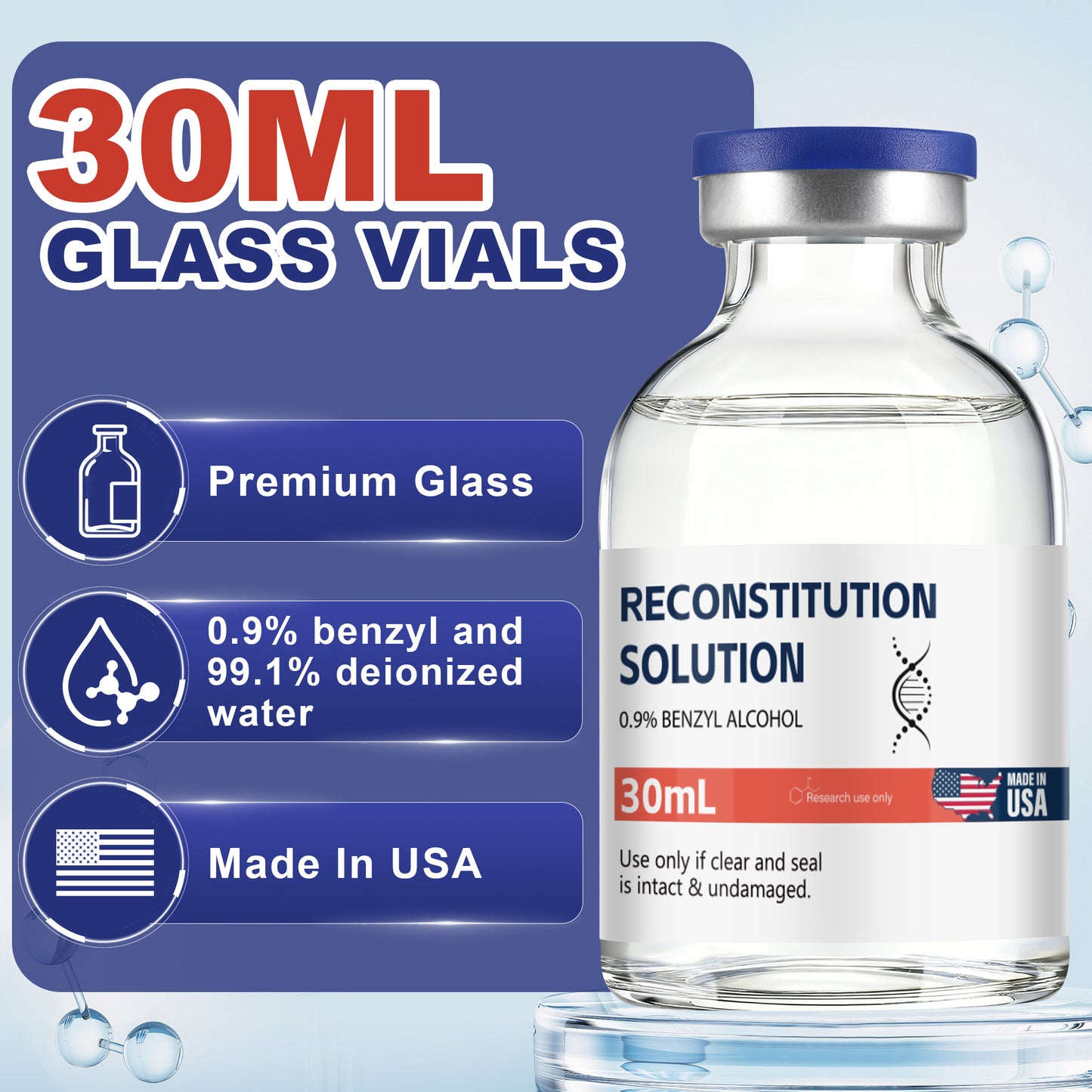 Reconstitution Solution | Bacteriostatic Water - 0.9% Benzyl Alcohol | 1-Pack 30ml Each Vial - Clear Glass | Third-Party Tested
