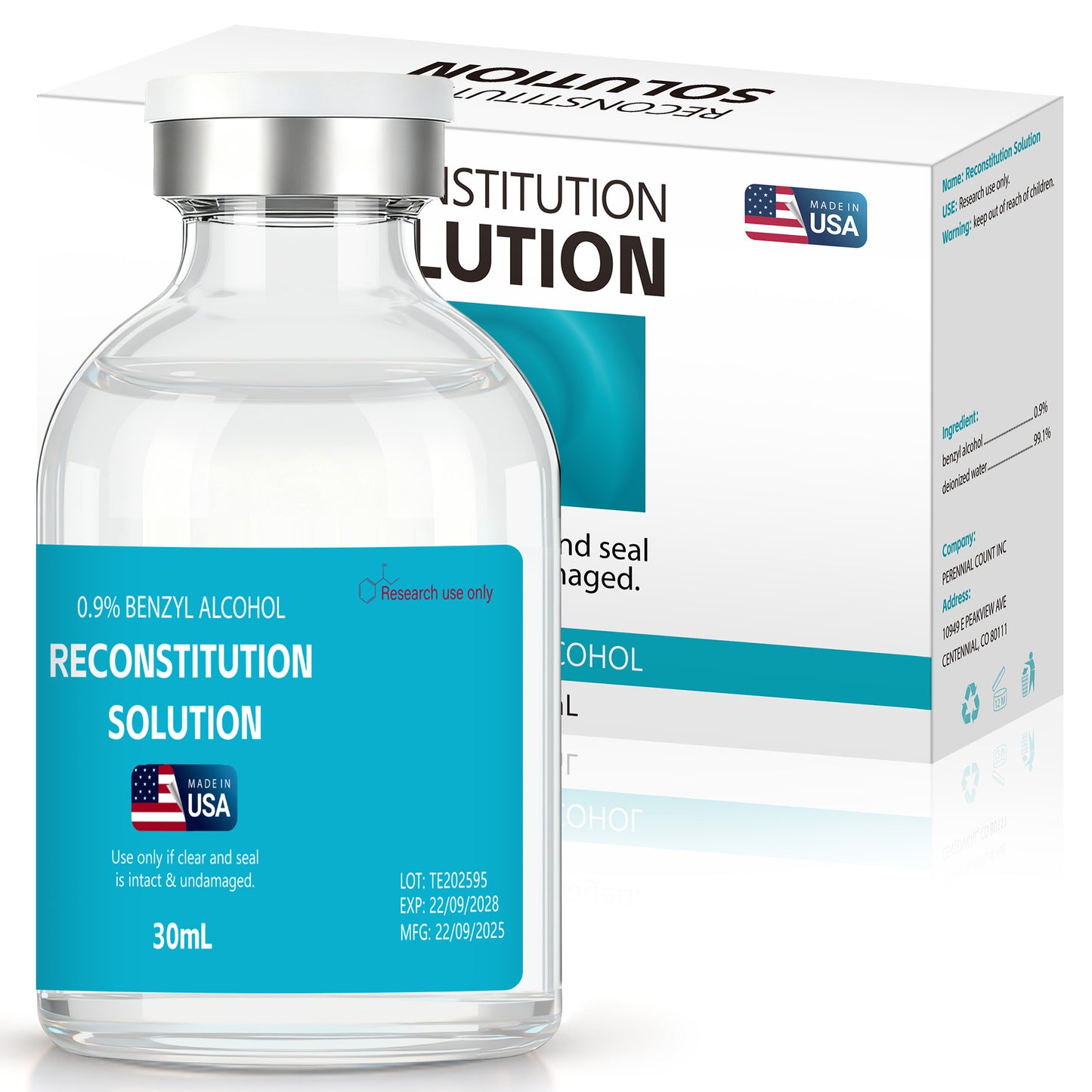 Reconstitution Solution | Bacteriostatic Water - 0.9% Benzyl Alcohol | 3-Pack 30ml Each Vial - Clear Glass | Third-Party Tested