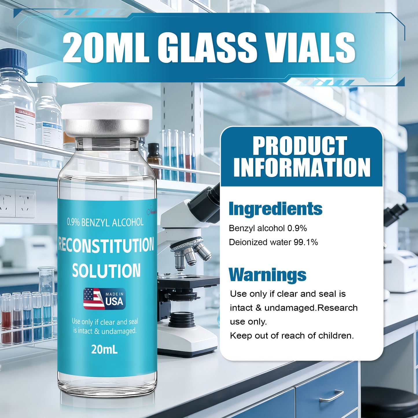Reconstitution Solution | Bacteriostatic Water - 0.9% Benzyl Alcohol | 1-Pack 20ml Each Vial - Clear Glass | Third-Party Tested
