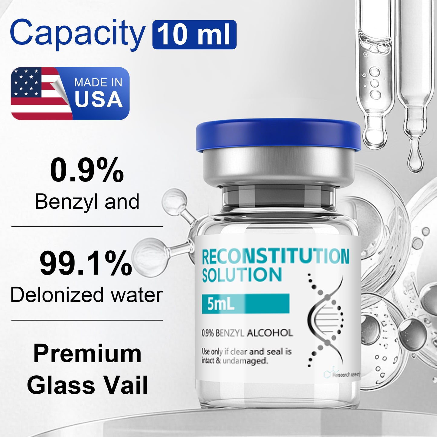 Reconstitution Solution | Bacteriostatic Water - 0.9% Benzyl Alcohol | 5ml Each Vial - Clear Glass | Third-Party Tested