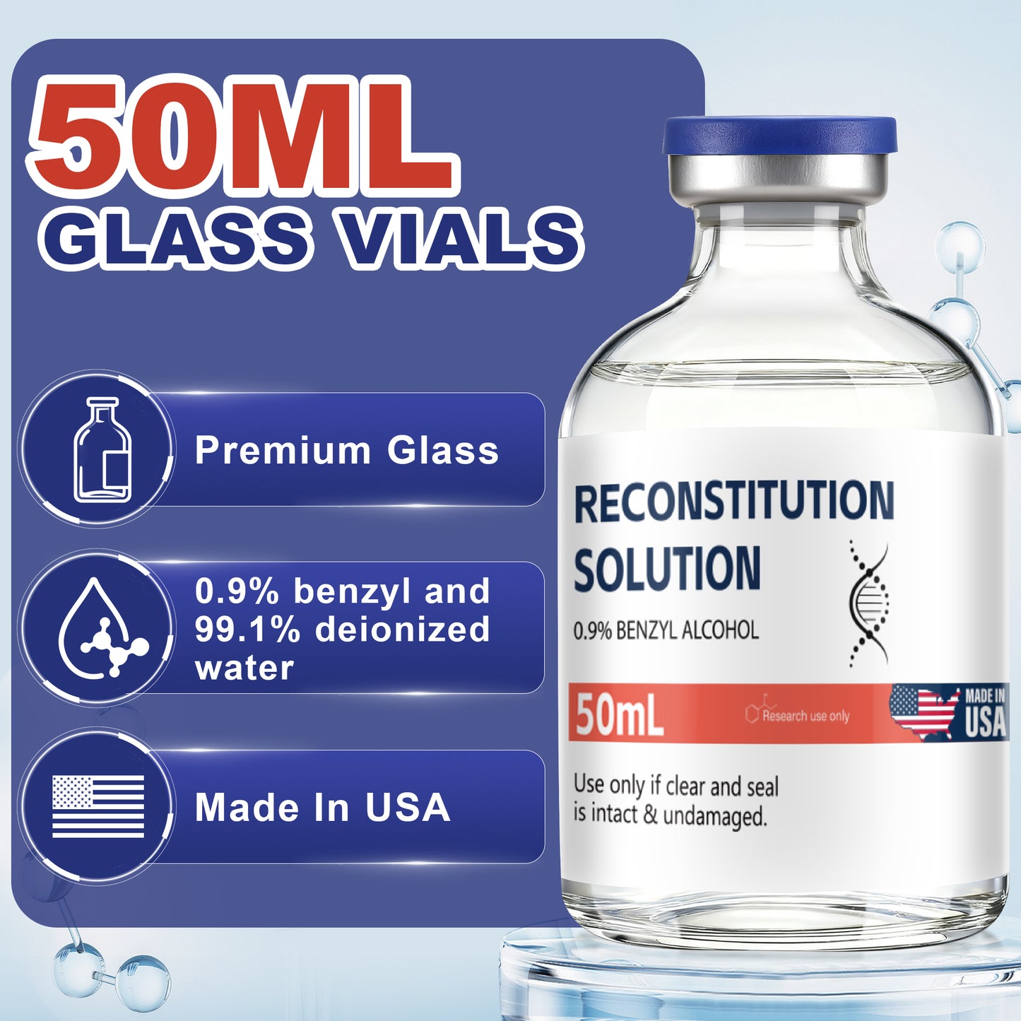 Reconstitution Solution | Bacteriostatic Water - 0.9% Benzyl Alcohol | 1-Pack 50ml Each Vial - Clear Glass | Third-Party Tested