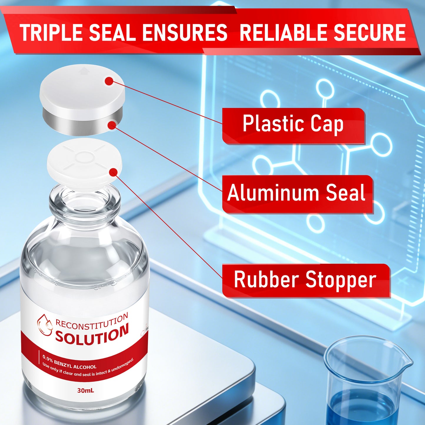 Reconstitution Solution | Bacteriostatic Water - 0.9% Benzyl Alcohol | 3-Pack 30ml Each Vial - Clear Glass | Third-Party Tested