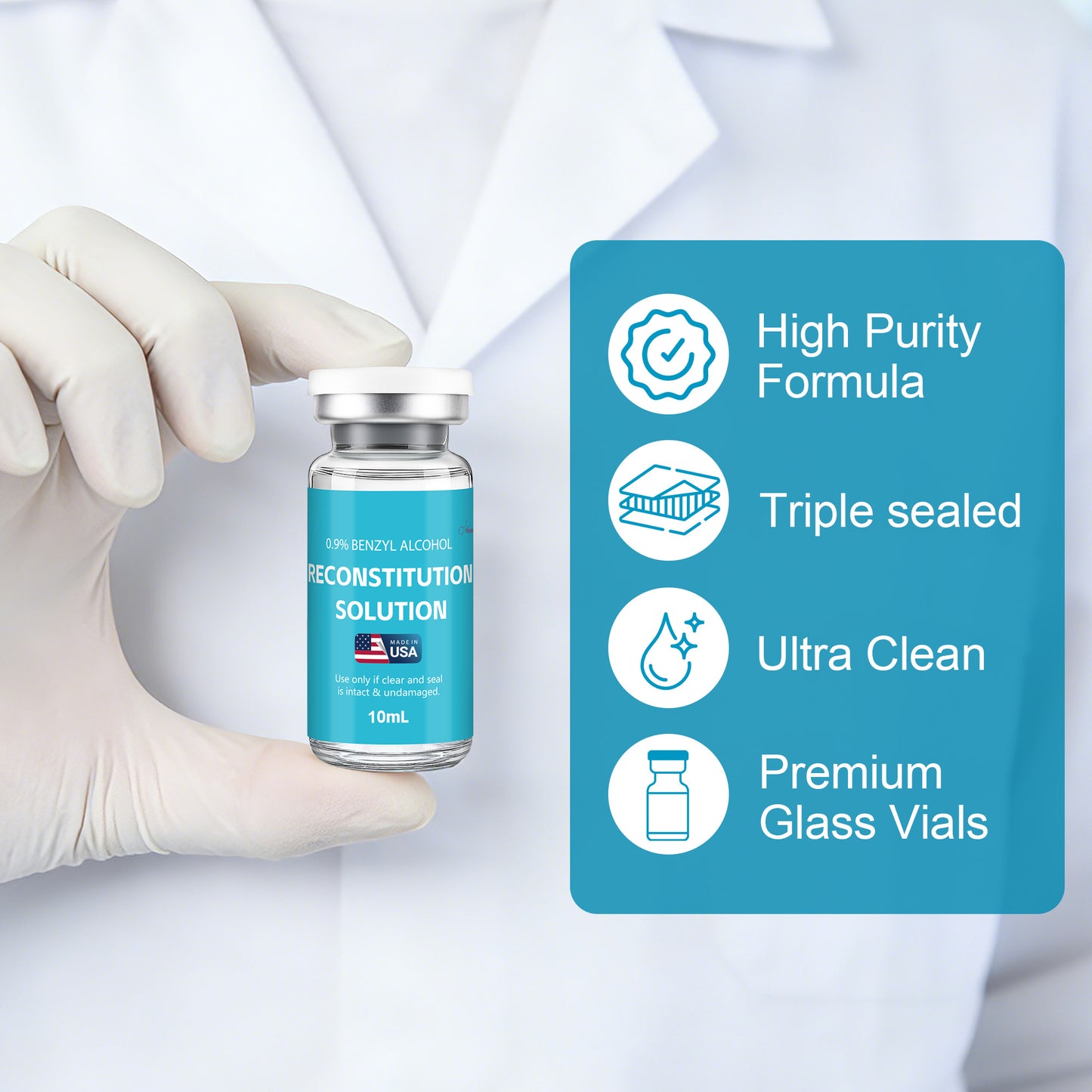 Reconstitution Solution | Bacteriostatic Water - 0.9% Benzyl Alcohol | 2-Pack 10ml Each Vial - Clear Glass | Third-Party Tested