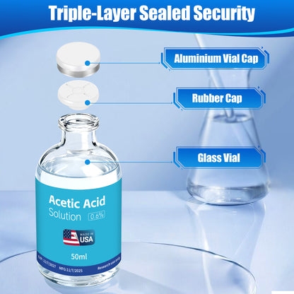 Acetic Acid Solution | 3-Pack 50ml Each Vial - Clear Glass | Third-Party Tested