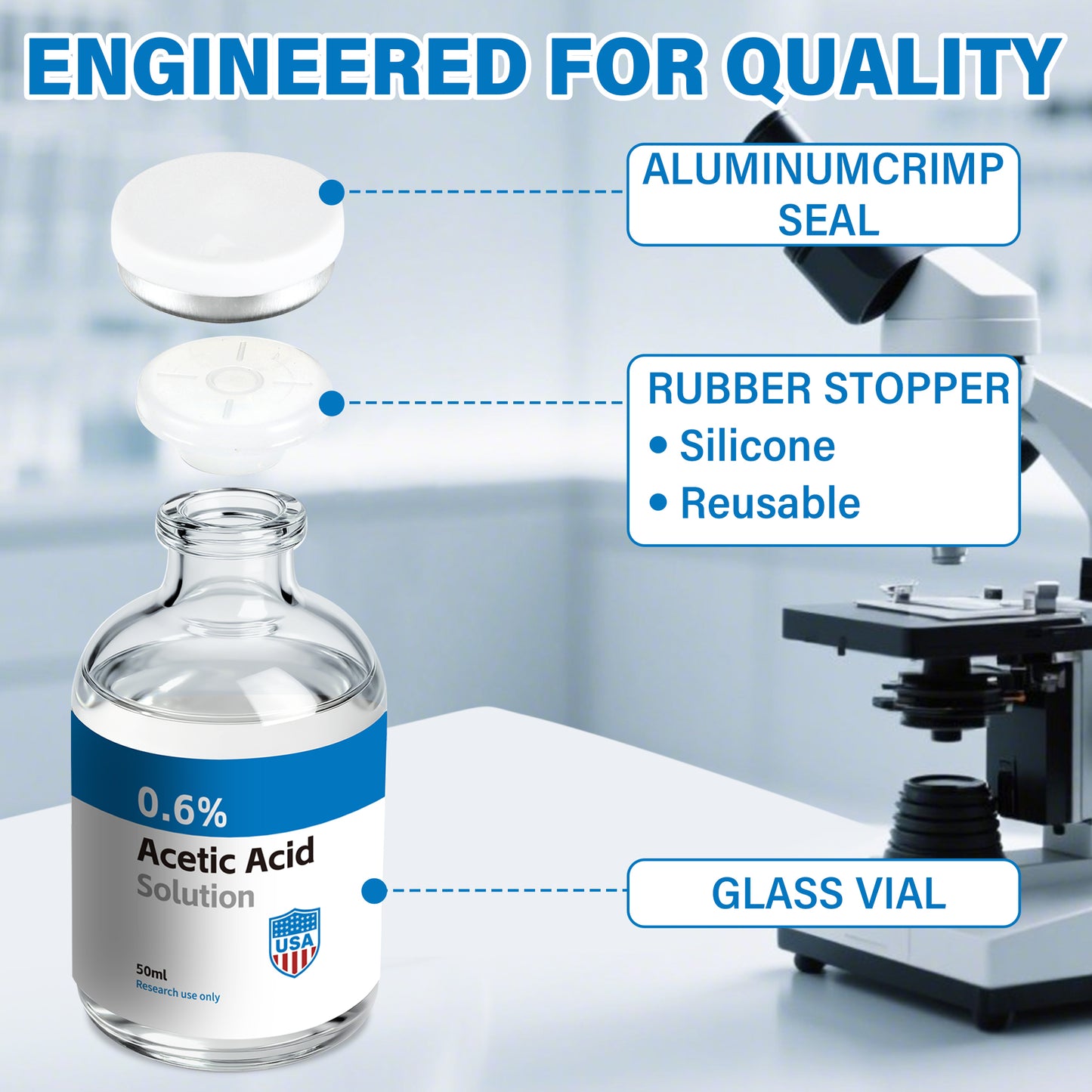 Acetic Acid Solution | 50ml Each Vial - Clear Glass | Third-Party Tested