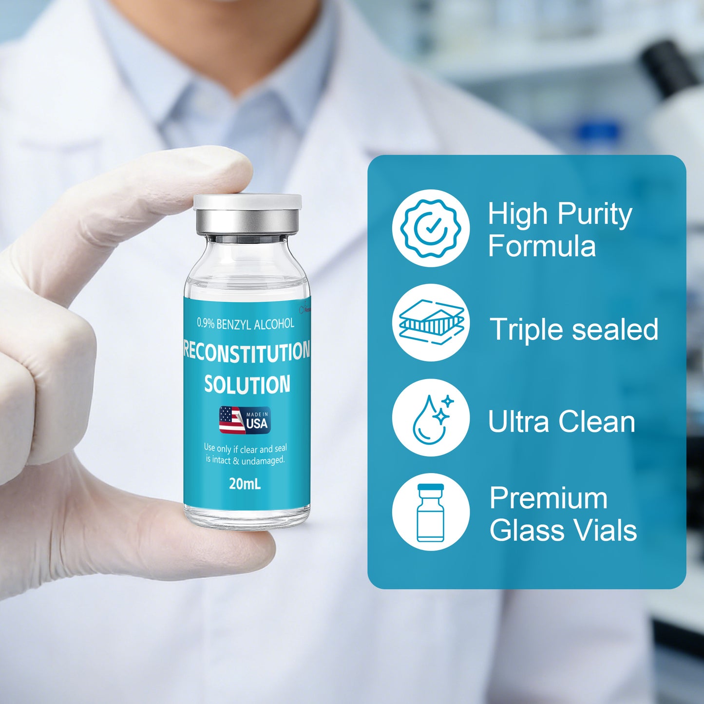 Reconstitution Solution | Bacteriostatic Water - 0.9% Benzyl Alcohol | 3-Pack 20ml Each Vial - Clear Glass | Third-Party Tested