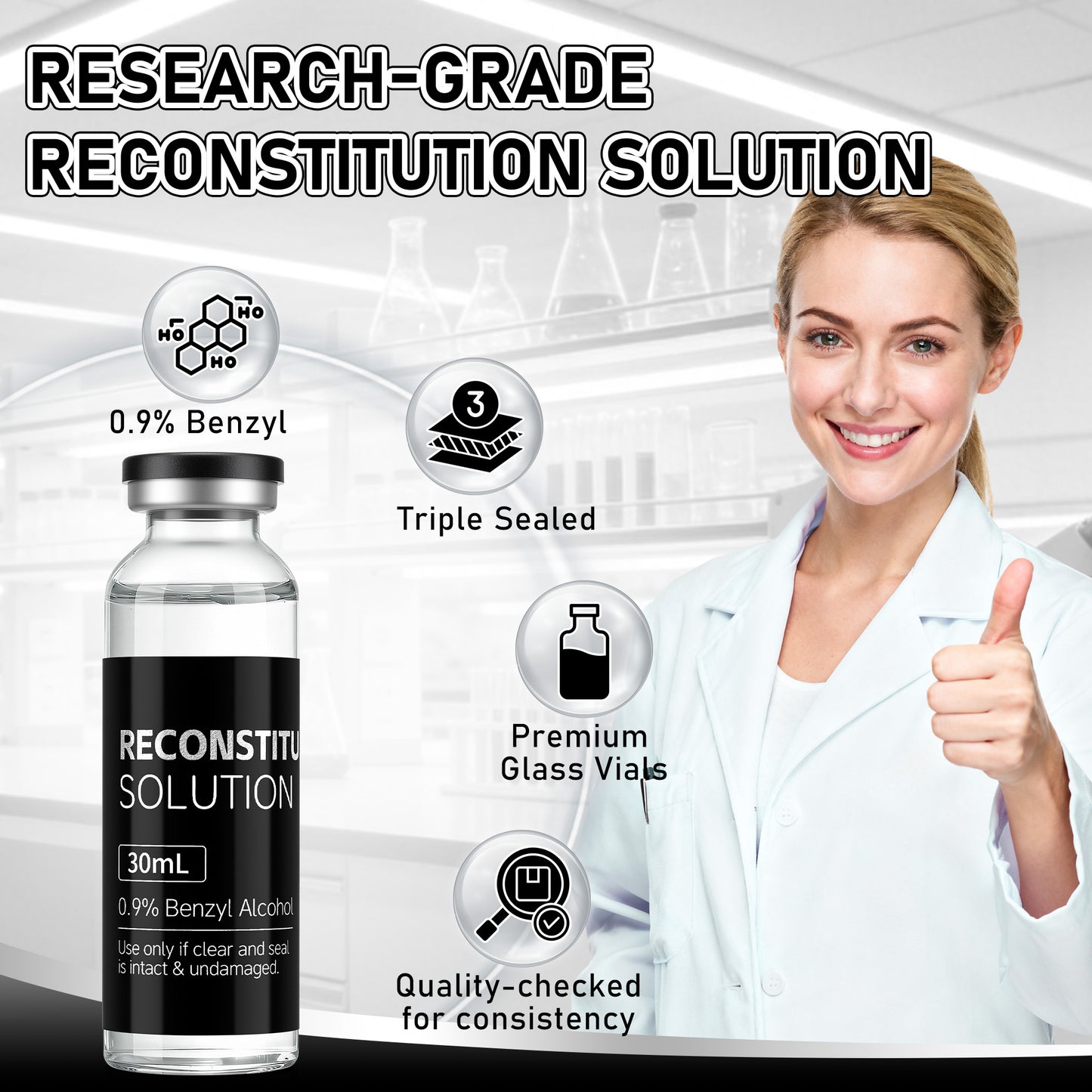 Reconstitution Solution | Bacteriostatic Water - 0.9% Benzyl Alcohol | 30ml Each Vial - Clear Glass | Third-Party Tested