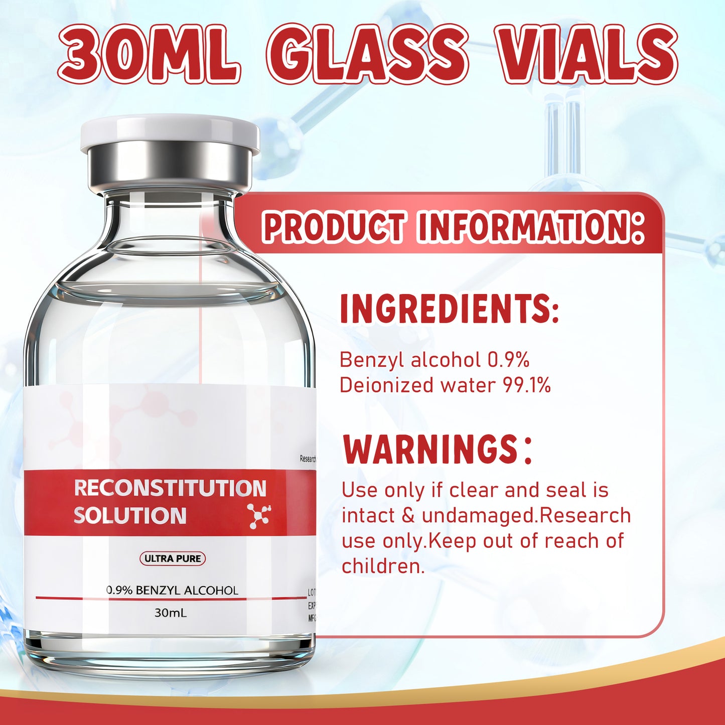 Reconstitution Solution | Bacteriostatic Water - 0.9% Benzyl Alcohol | 30ml Each Vial - Clear Glass | Third-Party Tested