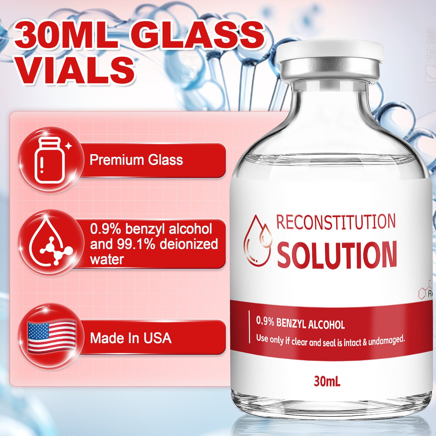 Reconstitution Solution | Bacteriostatic Water - 0.9% Benzyl Alcohol | 3-Pack 30ml Each Vial - Clear Glass | Third-Party Tested