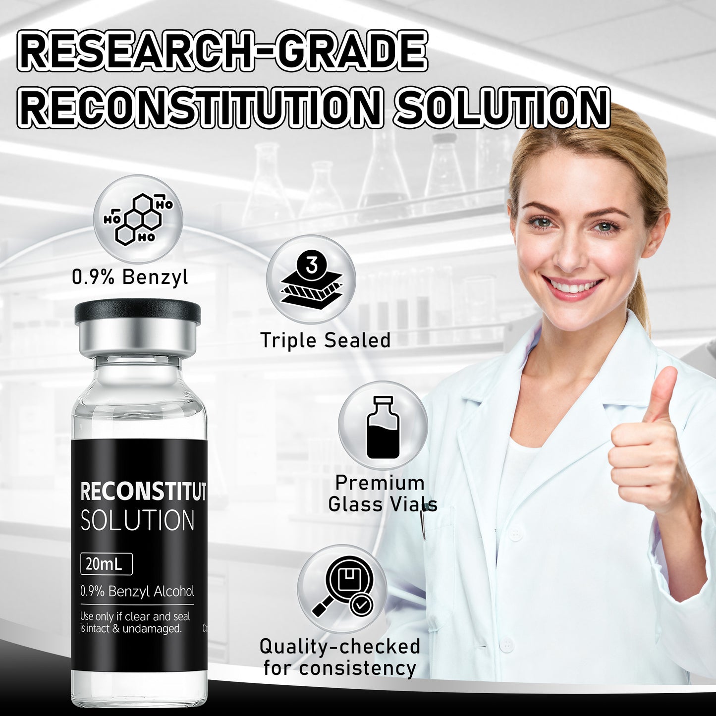 Reconstitution Solution | Bacteriostatic Water - 0.9% Benzyl Alcohol | 20ml Each Vial - Clear Glass | Third-Party Tested