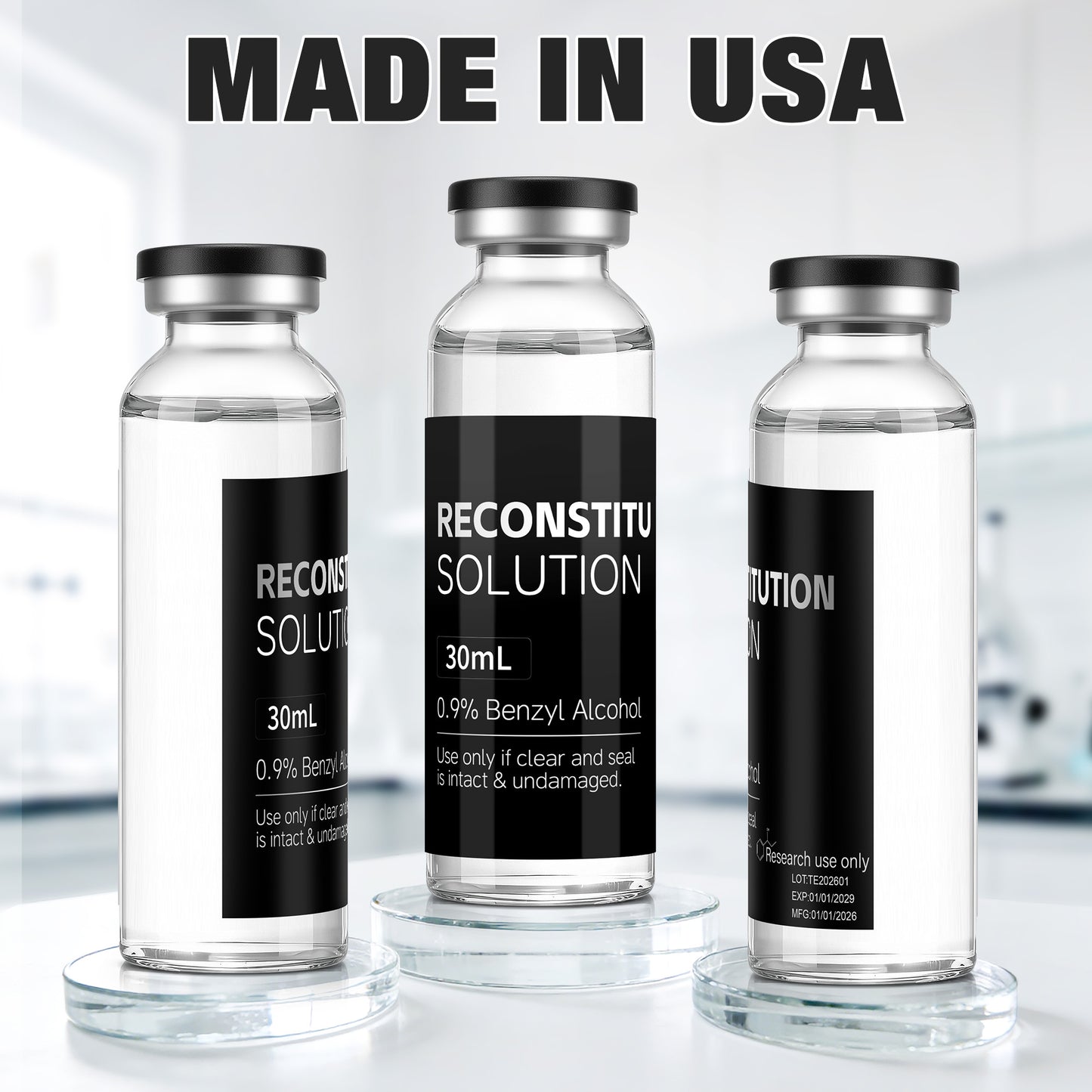 Reconstitution Solution | Bacteriostatic Water - 0.9% Benzyl Alcohol | 3-Pack 30ml Each Vial - Clear Glass | Third-Party Tested