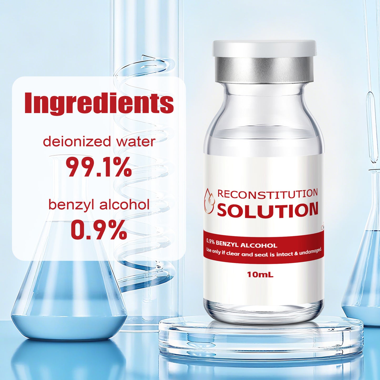 Reconstitution Solution | Bacteriostatic Water - 0.9% Benzyl Alcohol | 1-Pack 10ml Each Vial - Clear Glass | Third-Party Tested