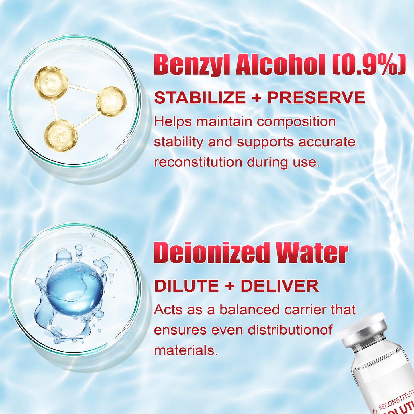 Reconstitution Solution | Bacteriostatic Water - 0.9% Benzyl Alcohol | 1-Pack 30ml Each Vial - Clear Glass | Third-Party Tested