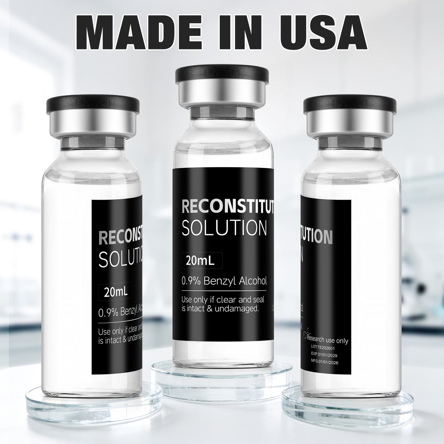 Reconstitution Solution | Bacteriostatic Water - 0.9% Benzyl Alcohol | 3-Pack 20ml Each Vial - Clear Glass | Third-Party Tested