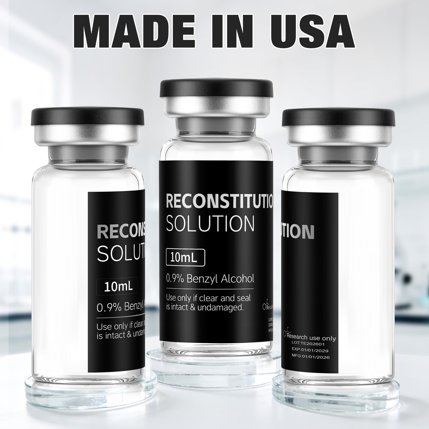 Reconstitution Solution | Bacteriostatic Water -  0.9% Benzyl Alcohol | 3-Pack 10ml Each Vial - Clear Glass | Third-Party Tested