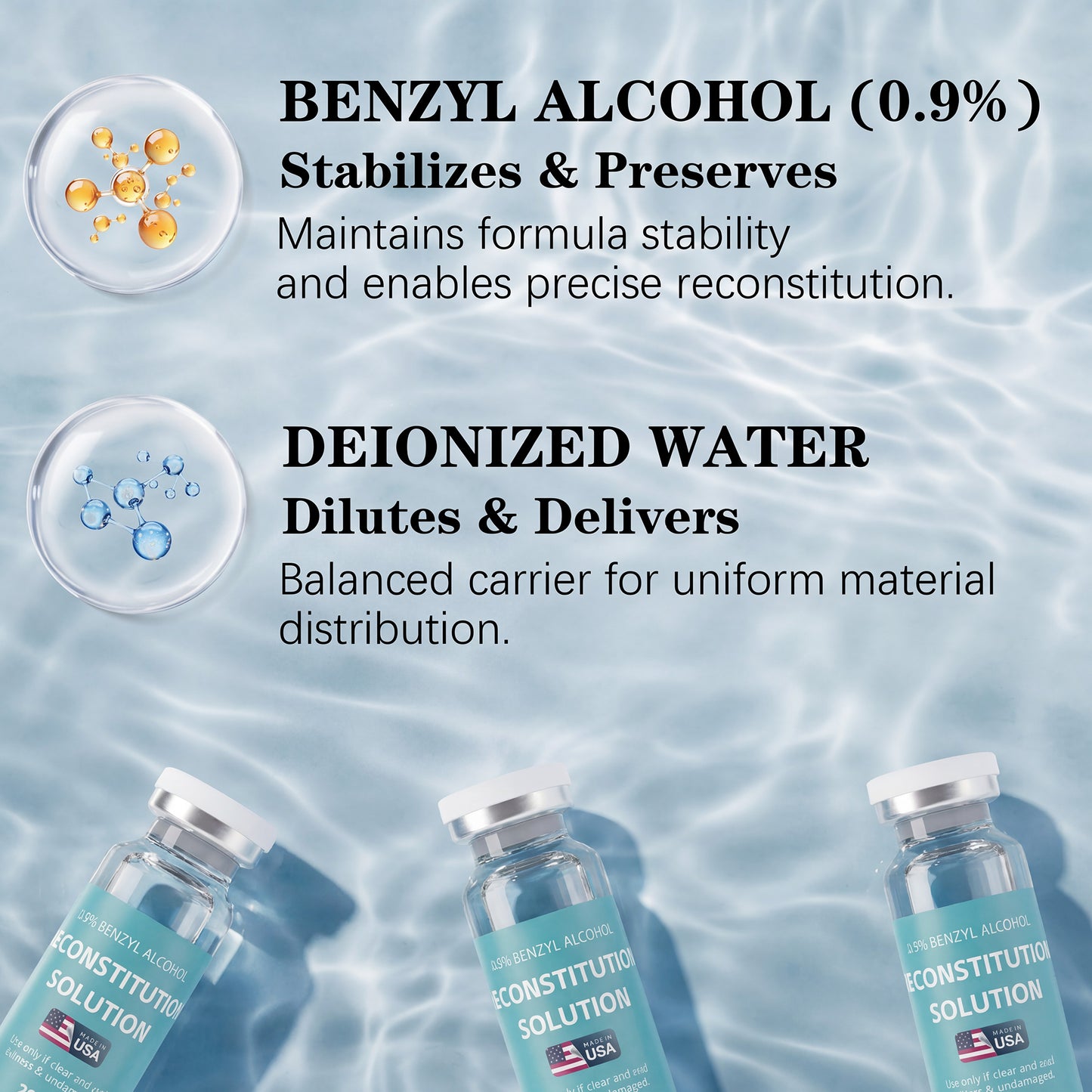 Reconstitution Solution | Bacteriostatic Water - 0.9% Benzyl Alcohol | 3-Pack 20ml Each Vial - Clear Glass | Third-Party Tested