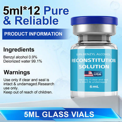 Reconstitution Solution | Bacteriostatic Water - 0.9% Benzyl Alcohol | 12-Pack 5ml Each Vial - Clear Glass | Third-Party Tested