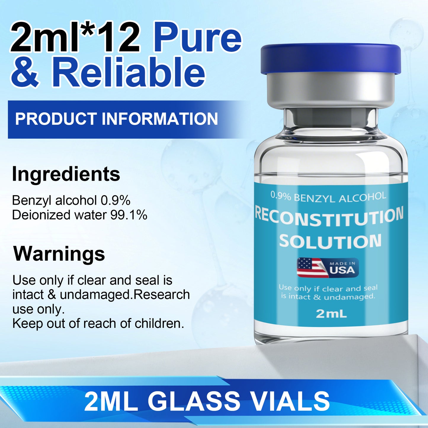 Reconstitution Solution | Bacteriostatic Water - 0.9% Benzyl Alcohol | 12-Pack 2ml Each Vial - Clear Glass | Third-Party Tested