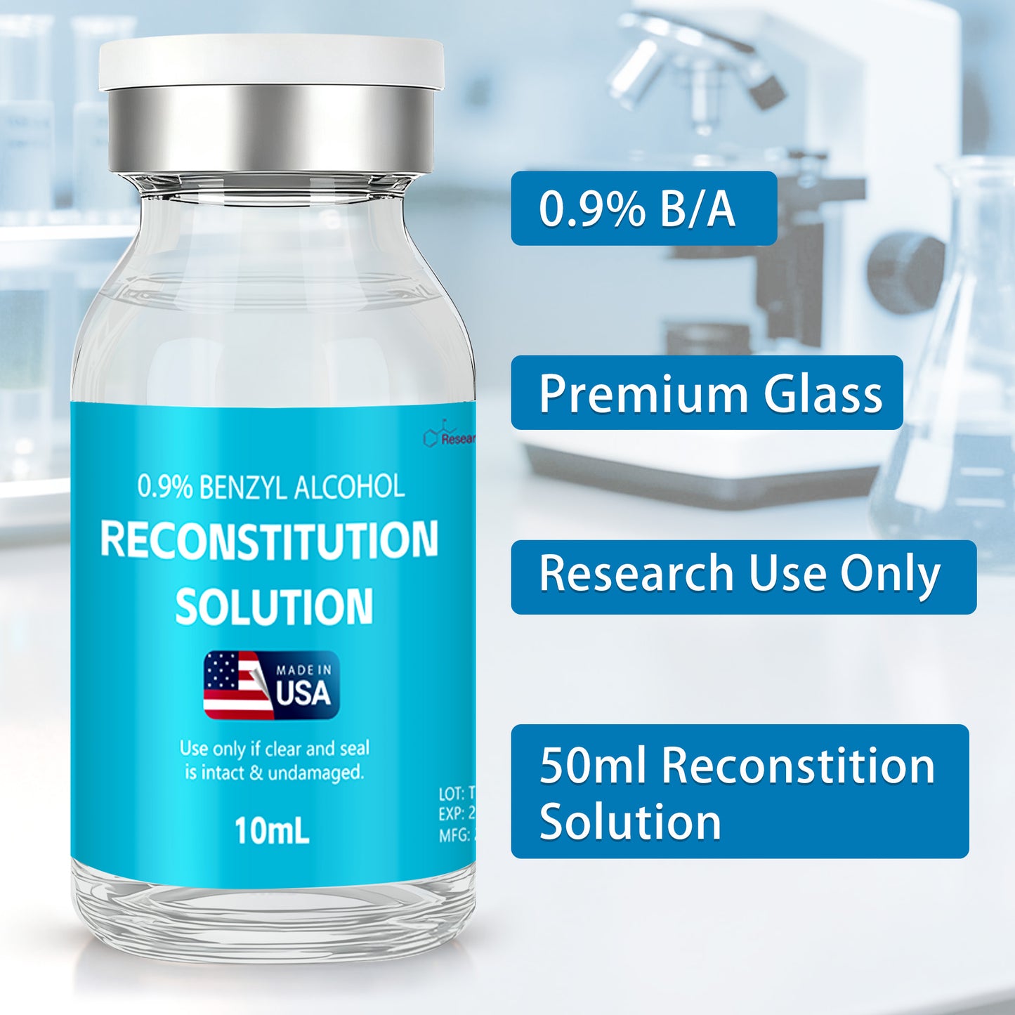 Reconstitution Solution | Bacteriostatic Water - 0.9% Benzyl Alcohol | 3-Pack 10ml Each Vial - Clear Glass | Third-Party Tested