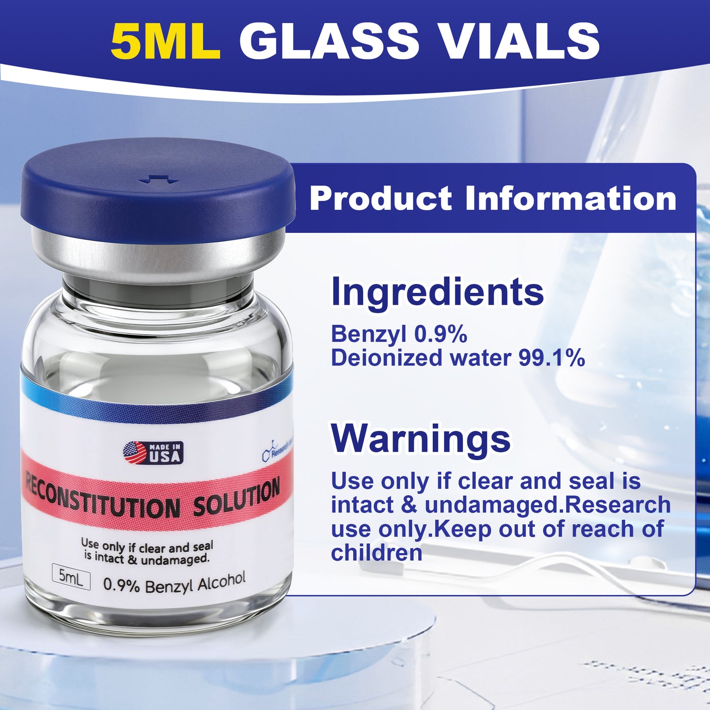 Reconstitution Solution | Bacteriostatic Water - 0.9% Benzyl Alcohol | 12-Pack 5ml Each Vial - Clear Glass | Third-Party Tested