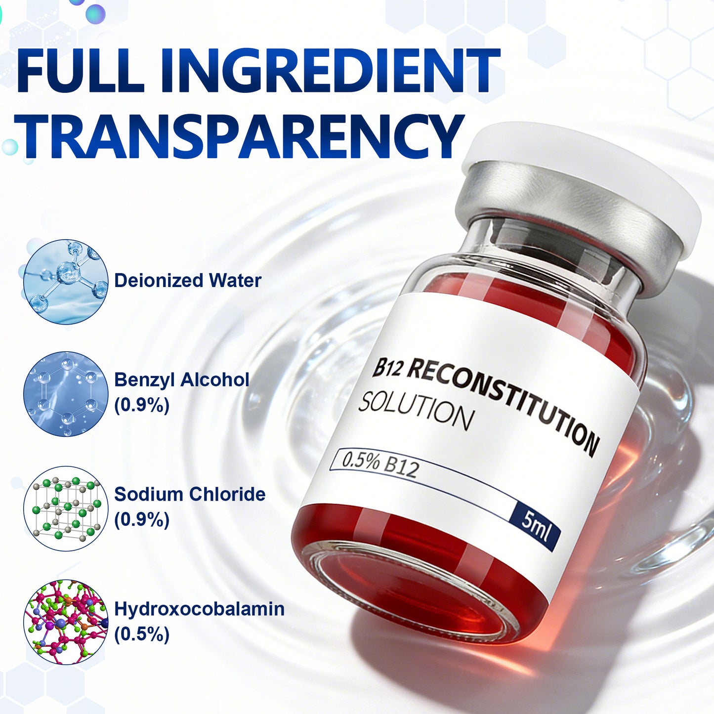 B12 Reconstitution Solution | Bacteriostatic Water - 0.9% Benzyl Alcohol | 3-Pack 5ml Each Vial - Clear Glass | Third-Party Tested