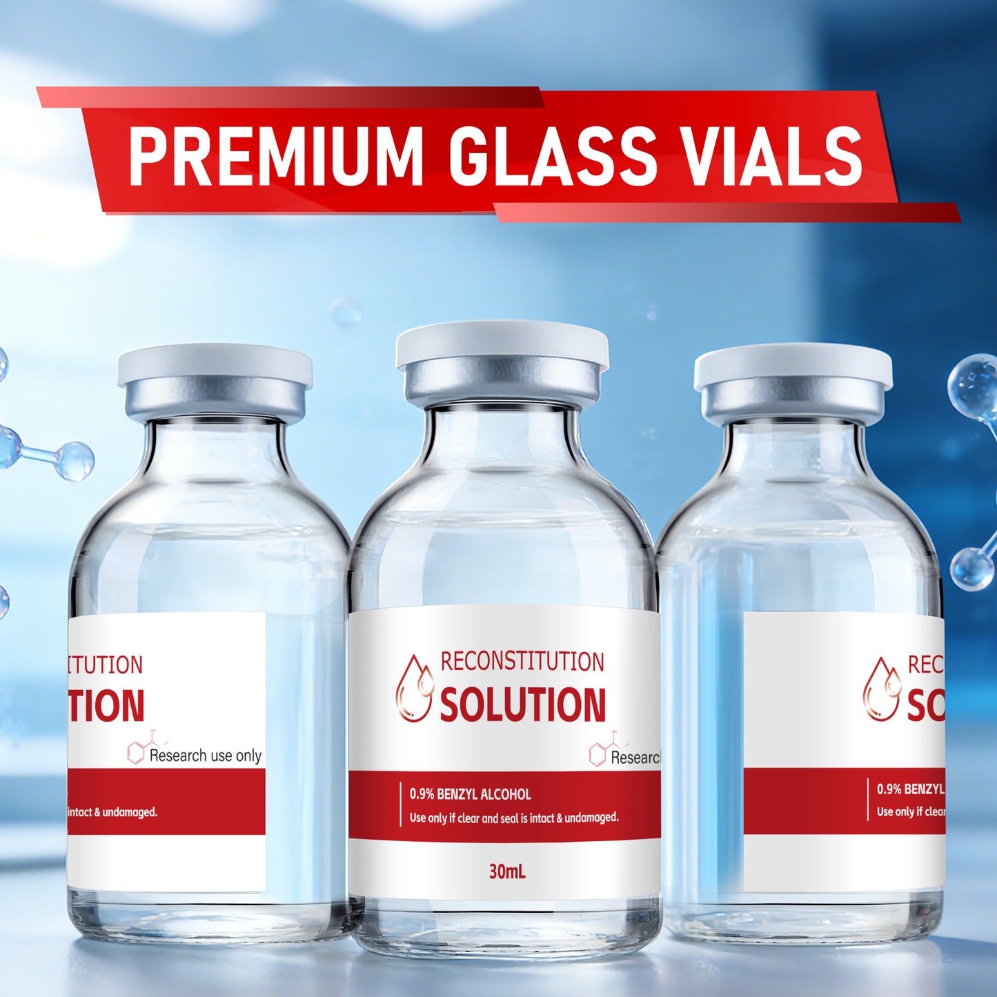 Reconstitution Solution | Bacteriostatic Water - 0.9% Benzyl Alcohol | 3-Pack 30ml Each Vial - Clear Glass | Third-Party Tested