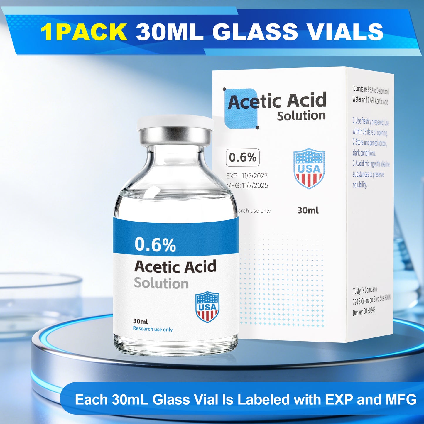 Acetic Acid Solution | 30ml Each Vial - Clear Glass | Third-Party Tested