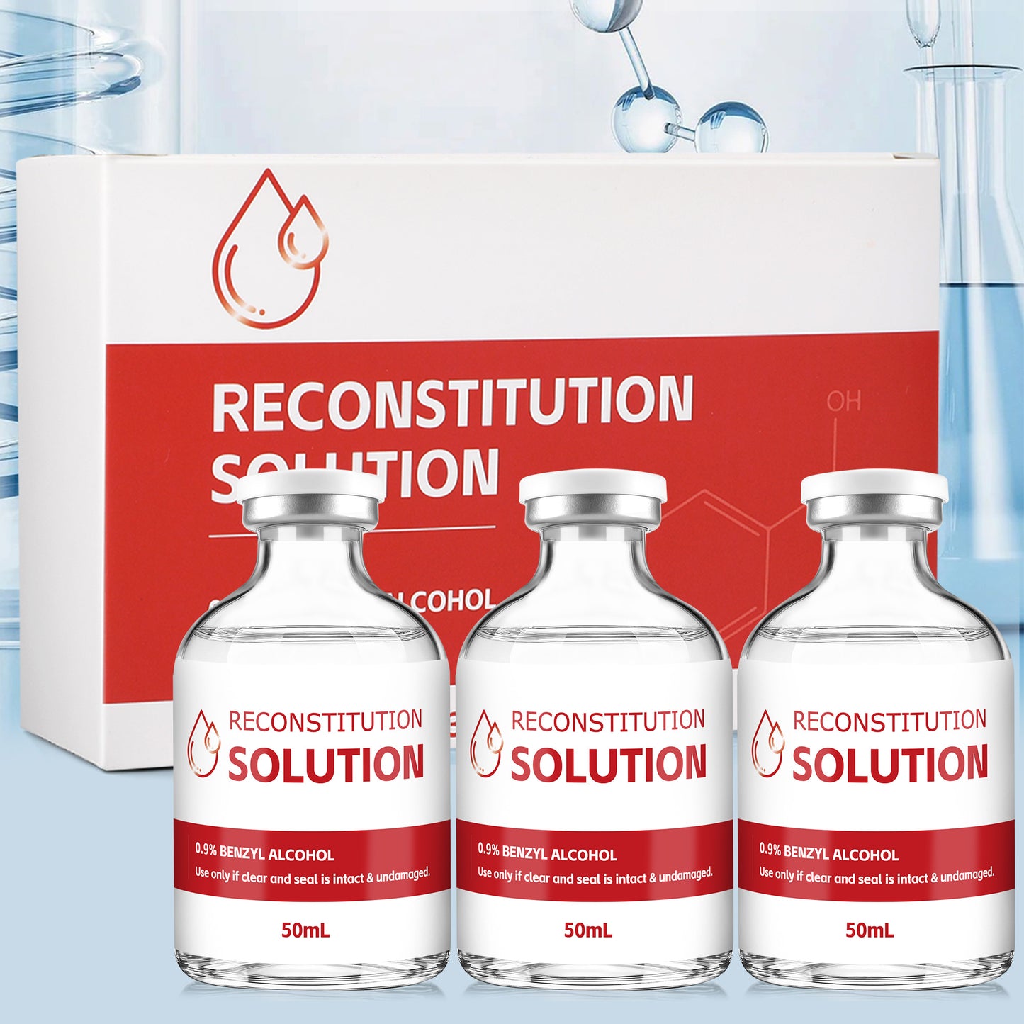 Reconstitution Solution | Bacteriostatic Water - 0.9% Benzyl Alcohol | 3-Pack 50ml Each Vial - Clear Glass | Third-Party Tested