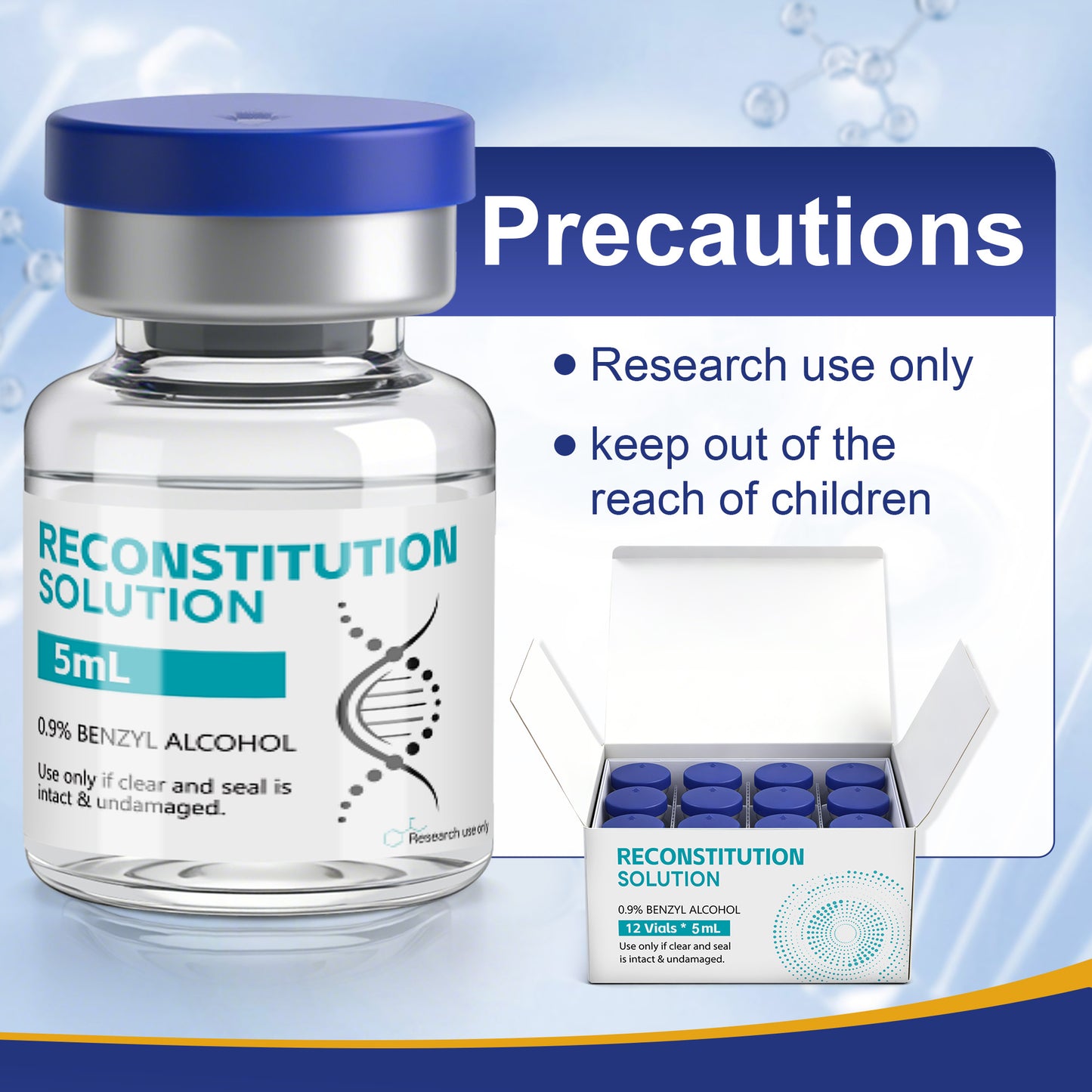 Reconstitution Solution | Bacteriostatic Water - 0.9% Benzyl Alcohol | 12-Pack 5ml Each Vial - Clear Glass | Third-Party Tested