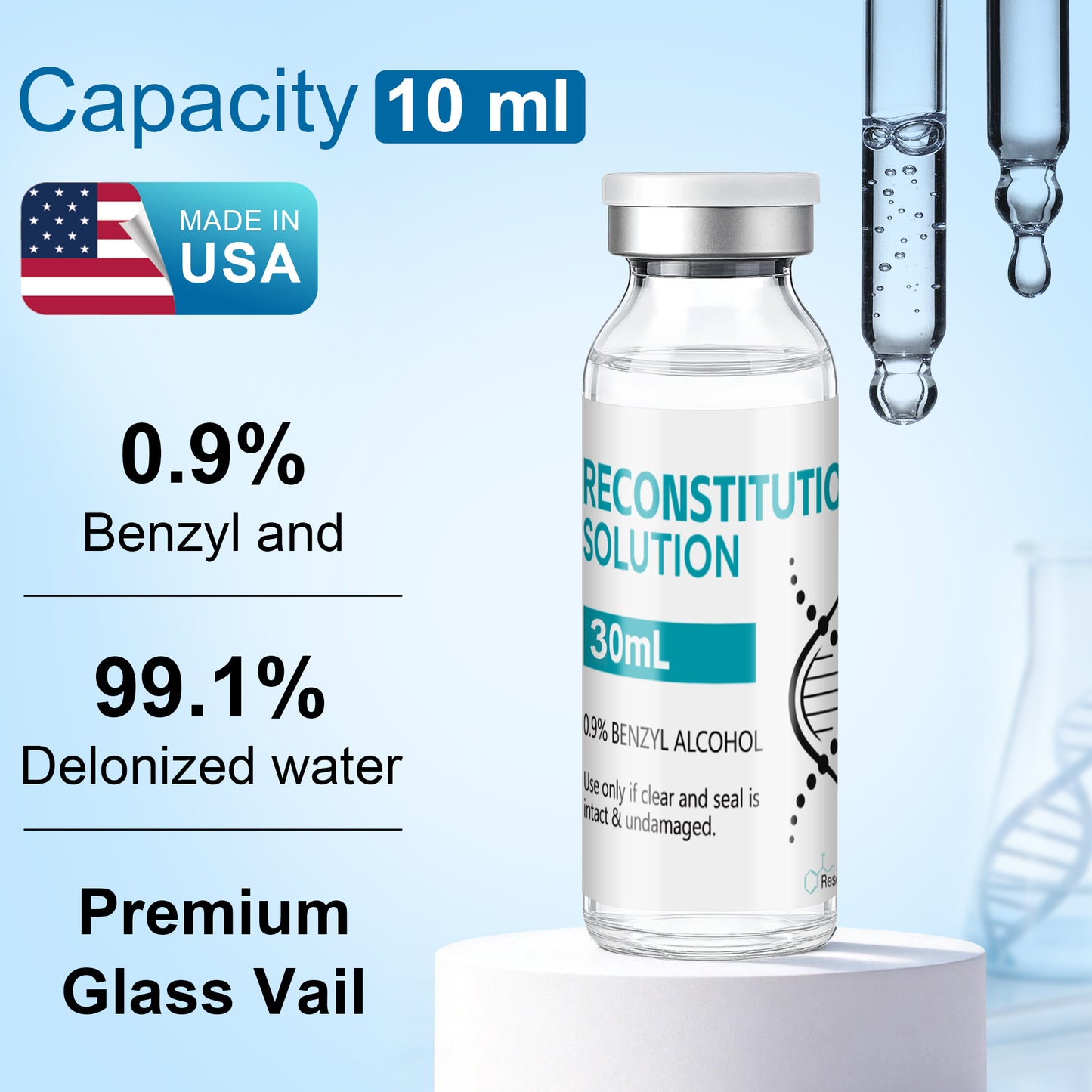 Reconstitution Solution | Bacteriostatic Water - 0.9% Benzyl Alcohol | 30ml Each Vial - Clear Glass | Third-Party Tested