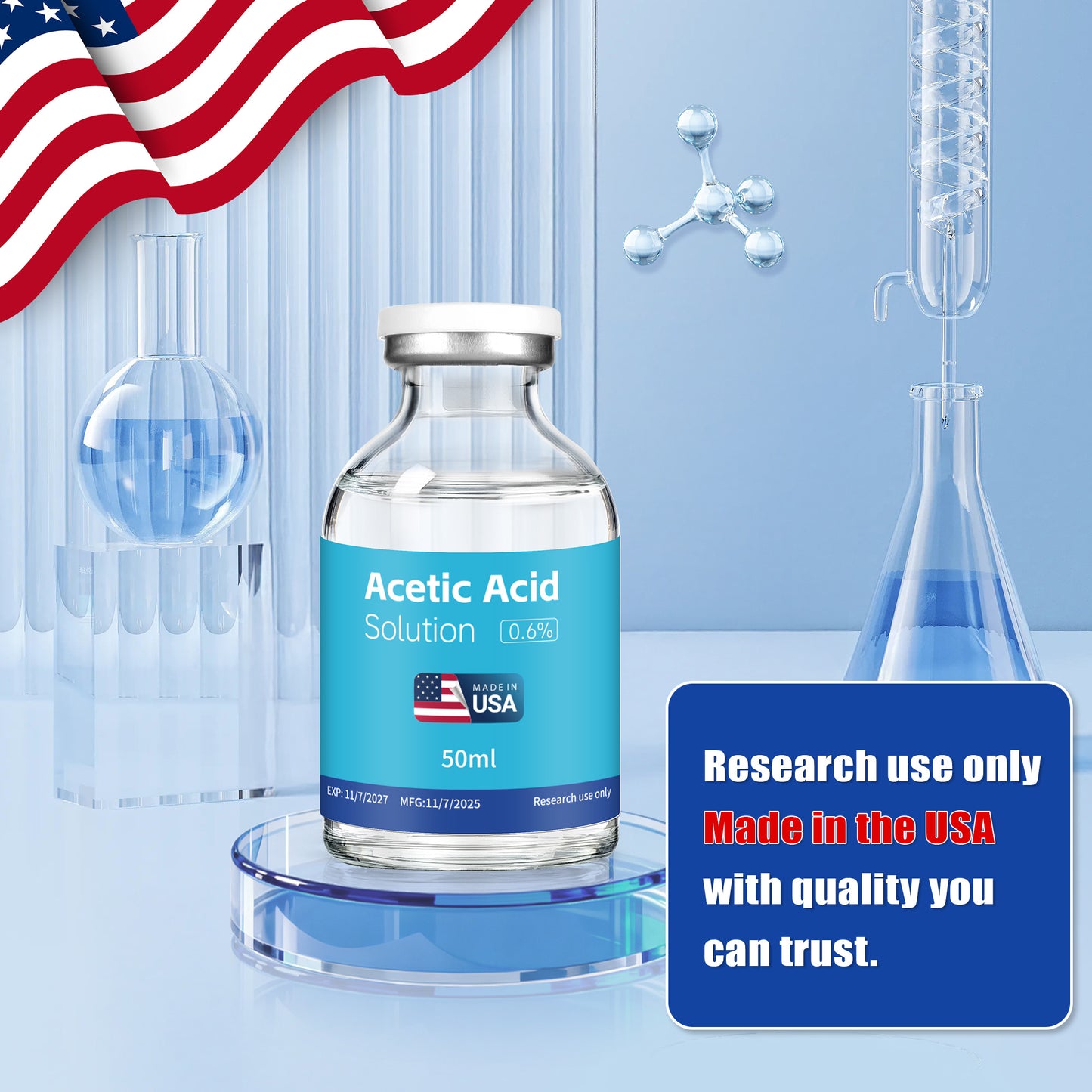 Acetic Acid Solution | 3-Pack 50ml Each Vial - Clear Glass | Third-Party Tested