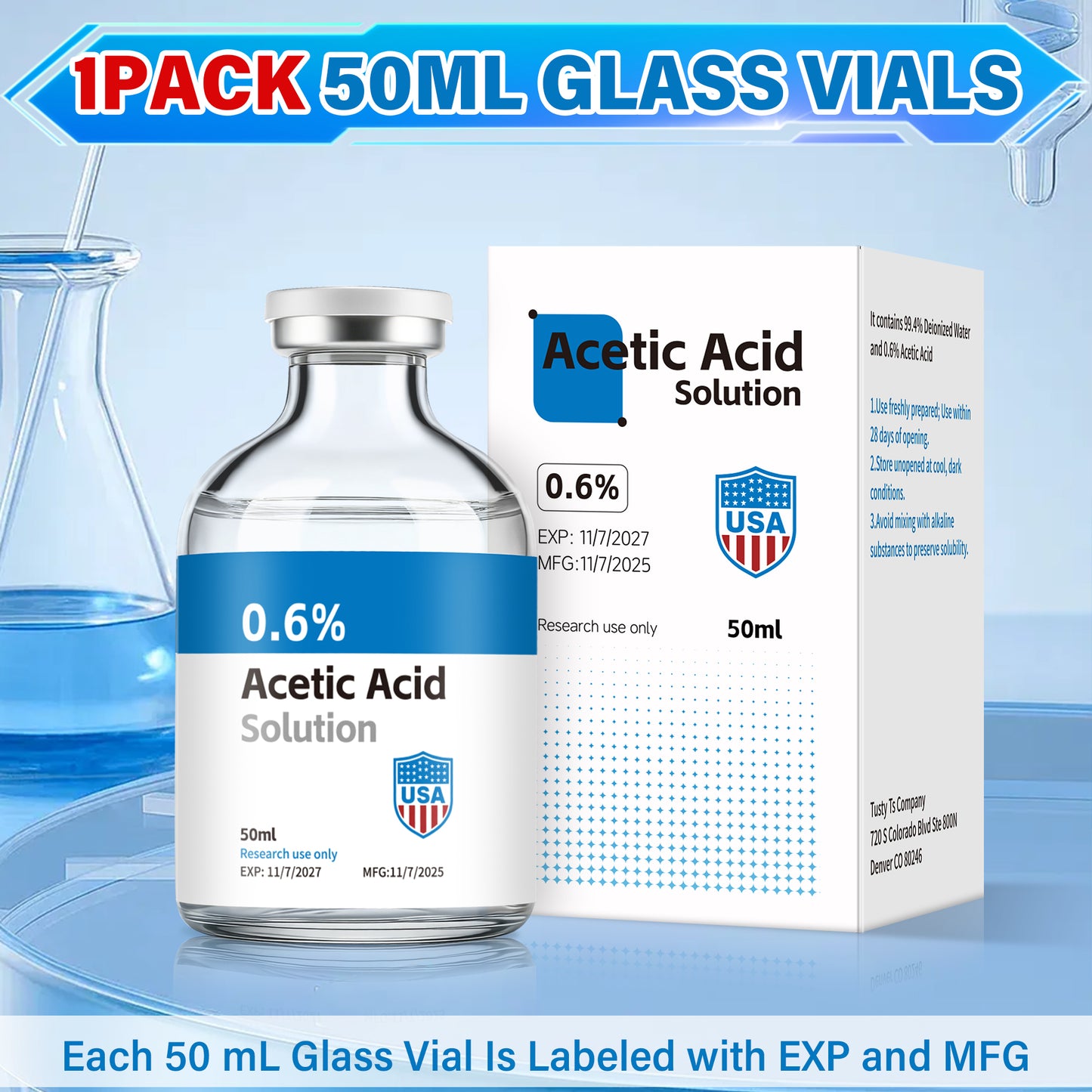 Acetic Acid Solution | 50ml Each Vial - Clear Glass | Third-Party Tested
