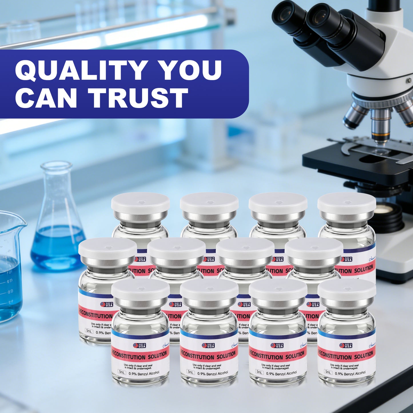 Reconstitution Solution | Bacteriostatic Water - 0.9% Benzyl Alcohol | 12-Pack 5ml Each Vial - Clear Glass | Third-Party Tested