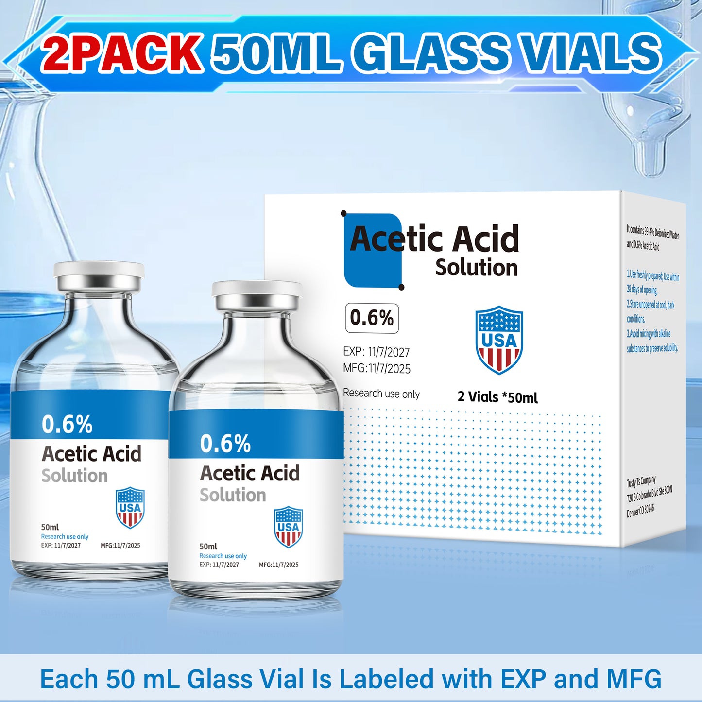 Acetic Acid Solution | 50ml Each Vial - Clear Glass | Third-Party Tested