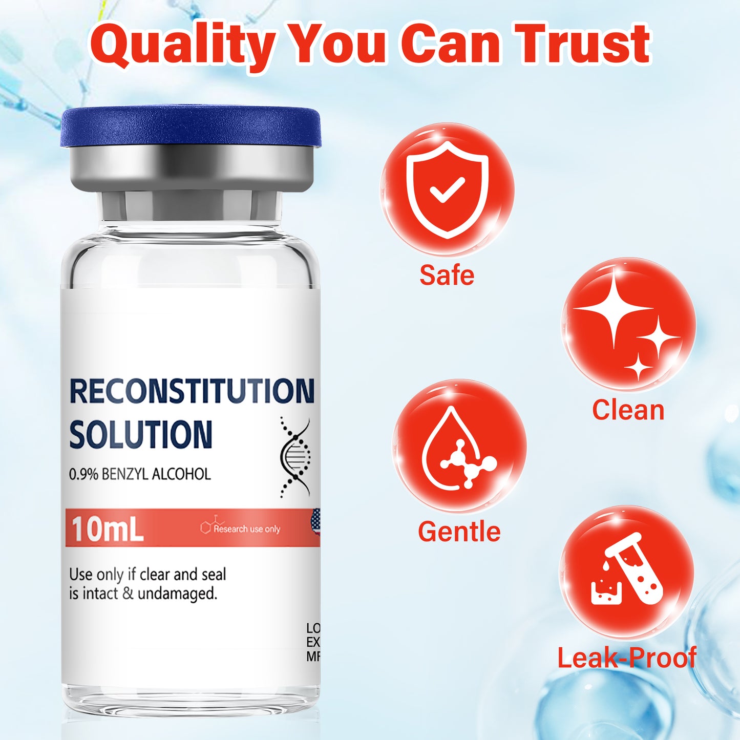 Reconstitution Solution | Bacteriostatic Water - 0.9% Benzyl Alcohol | 1-Pack 10ml Each Vial - Clear Glass | Third-Party Tested