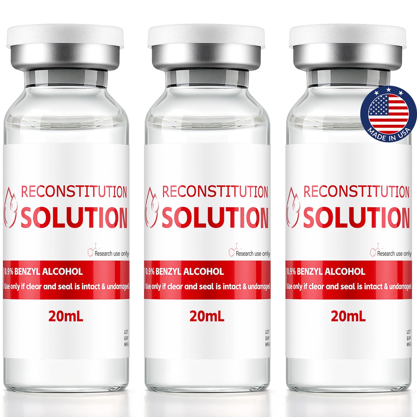 Reconstitution Solution | Bacteriostatic Water - 0.9% Benzyl Alcohol | 3-Pack 20ml Each Vial - Clear Glass | Third-Party Tested