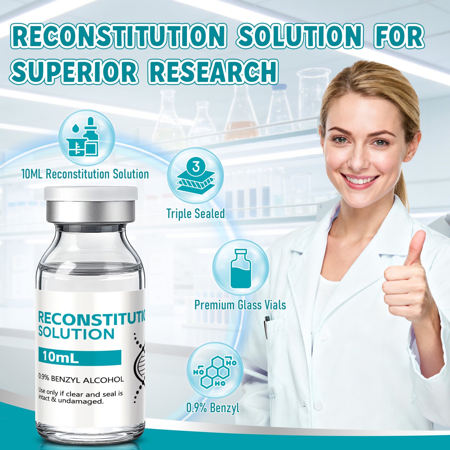 Reconstitution Solution | Bacteriostatic Water - 0.9% Benzyl Alcohol | 2-Pack 10ml Each Vial - Clear Glass | Third-Party Tested